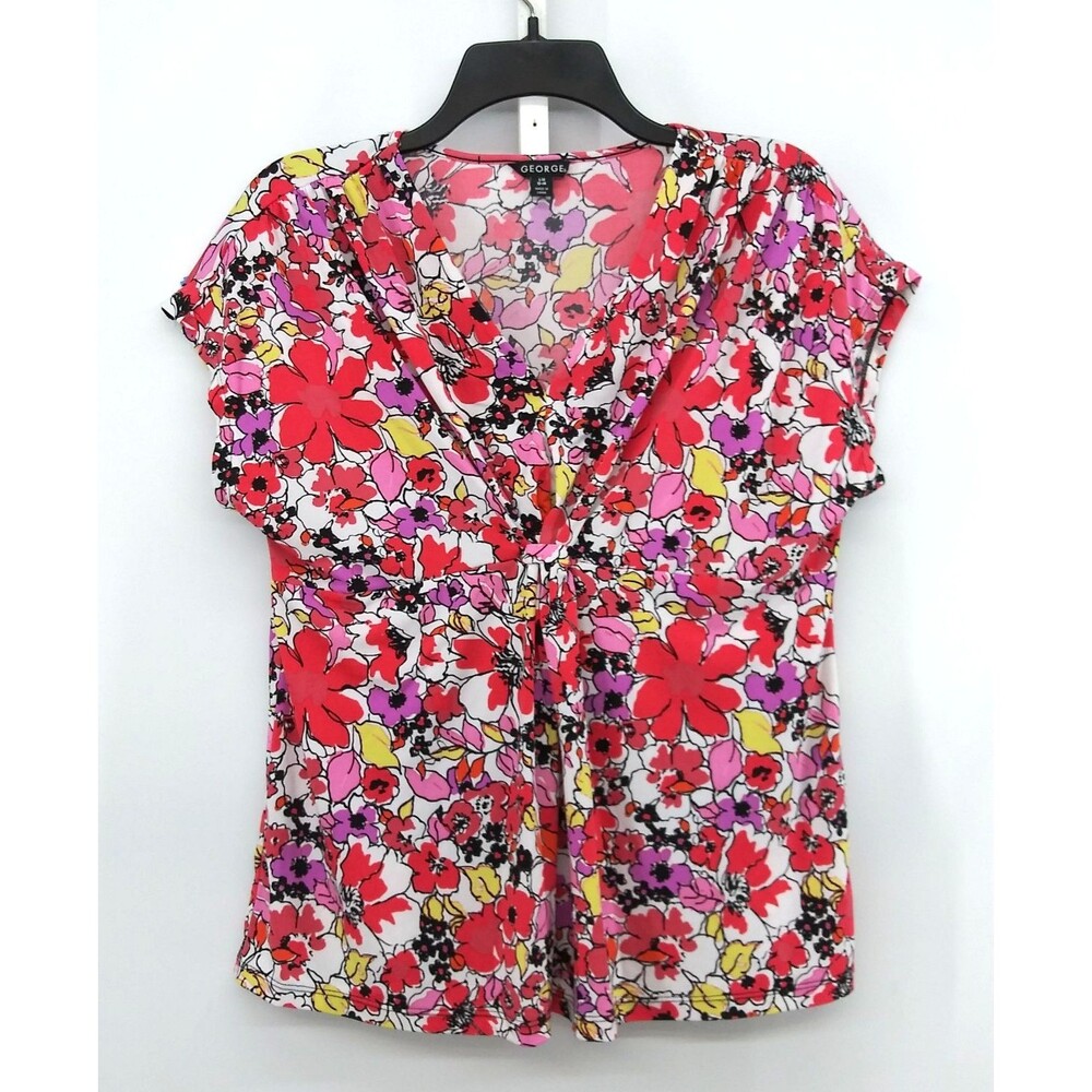 George Blouse Women Size L Pink Floral Split V Neck Cap Sleeve Casual Top